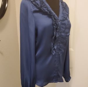 NWT !SALE! Theme Blouse Small Navy Blue Ruffle Front Tonal Pearlescent Buttons